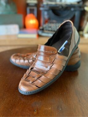 Bragano Vintage Brown Italian Leather Woven Fisherman Loafers Men’s Size 9.5